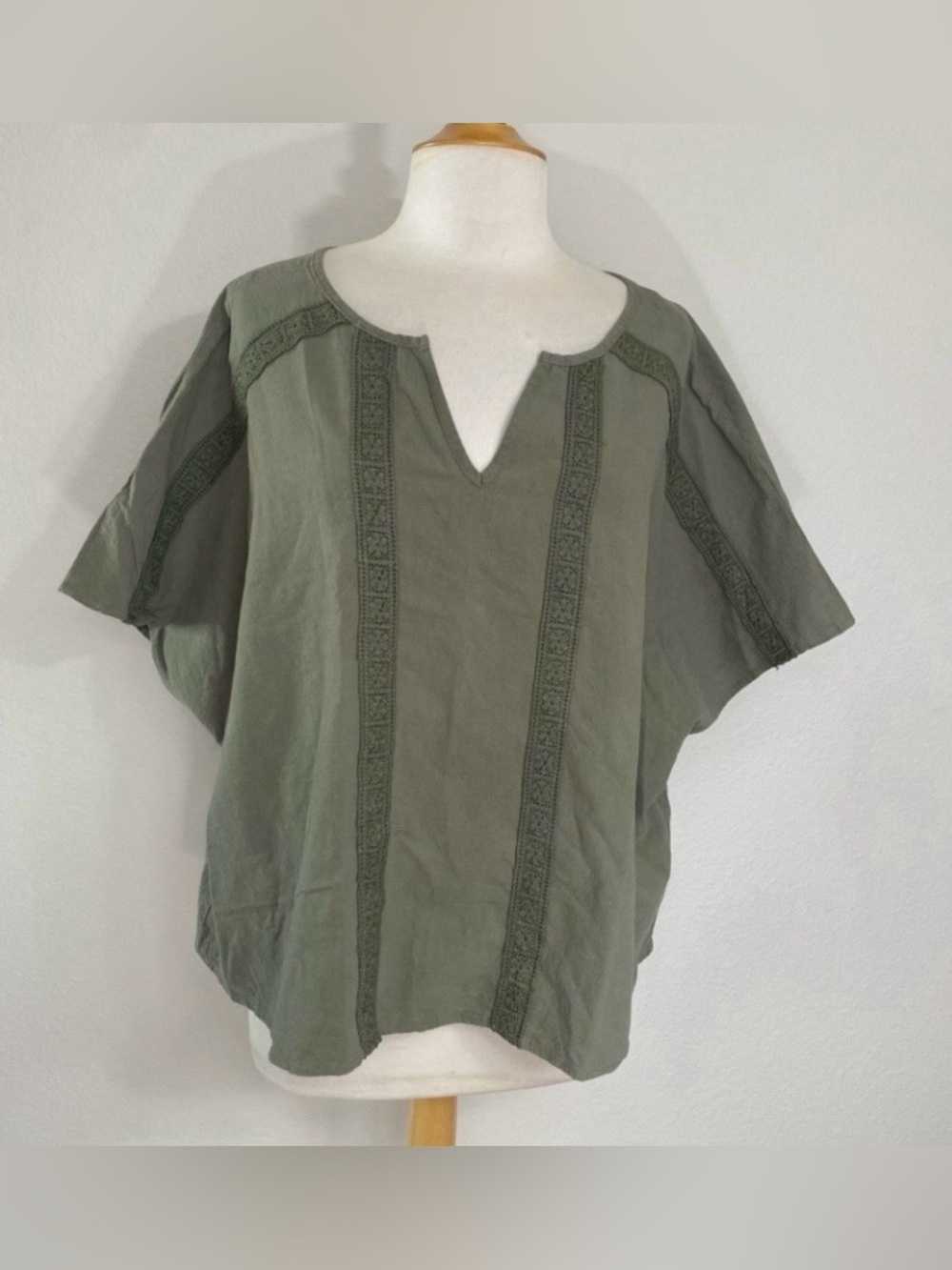 3/$25 Shein Curve Womens Olive Green Cotton Crochet Detail Boxy Blouse Size 2X
